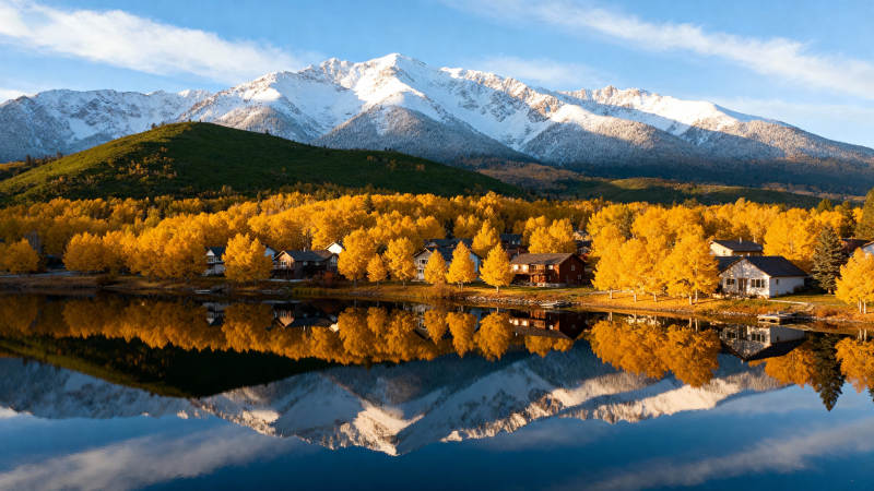 秋湖映山景图片