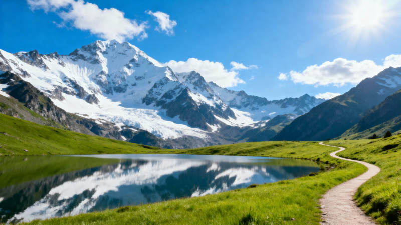 雪山倒影湖畔小径图片