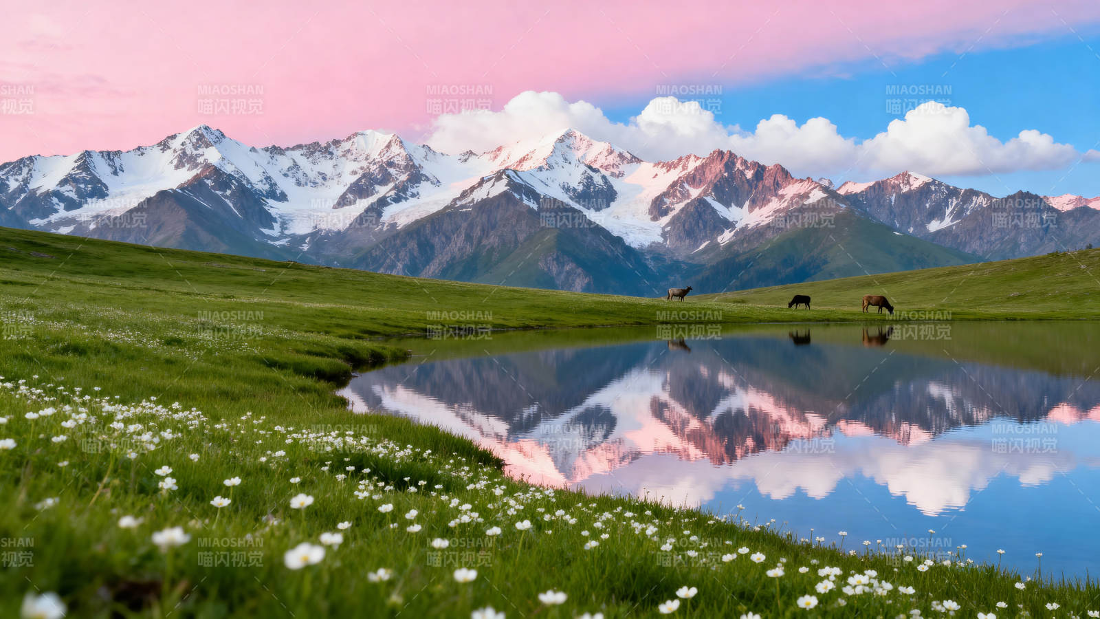 雪山倒影湖畔花海图片