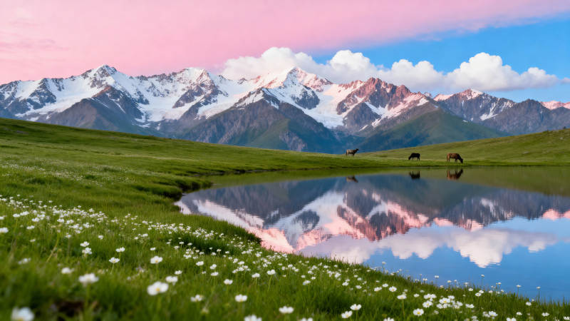 雪山倒影湖畔花海图片