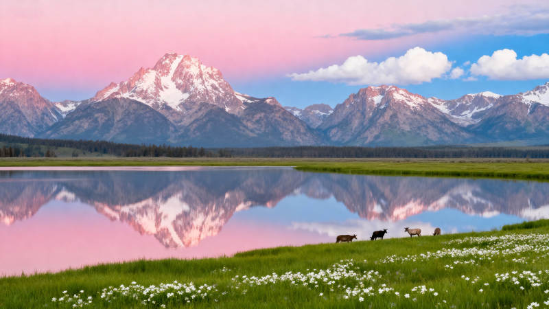 雪山倒影湖畔花海图片