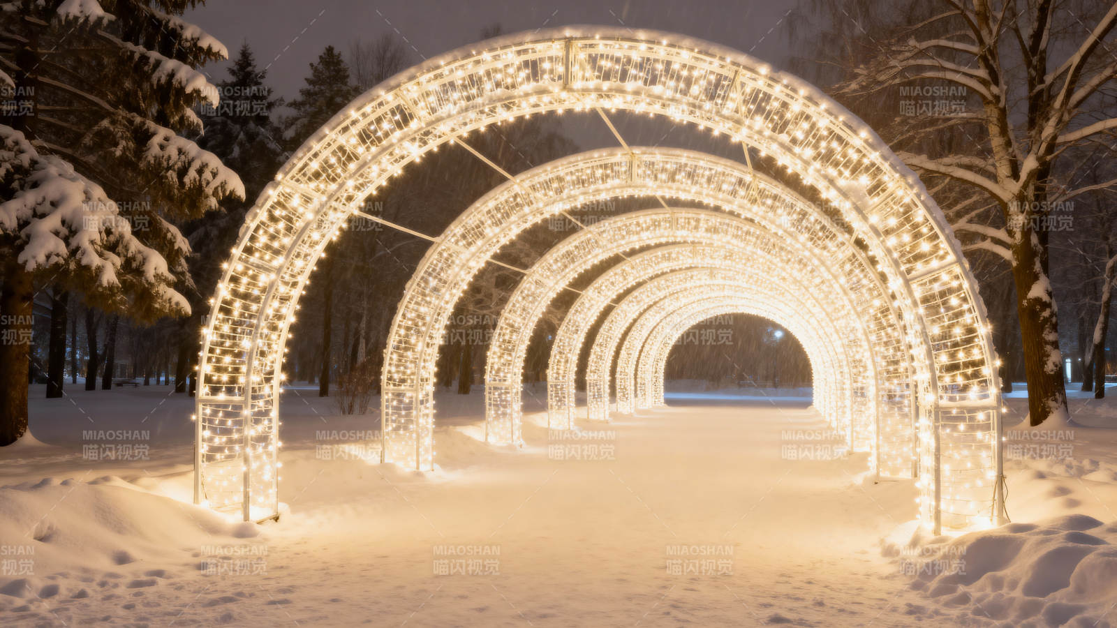 雪夜灯光隧道图片