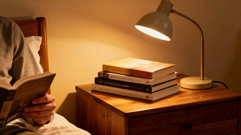 床头灯下读书图片