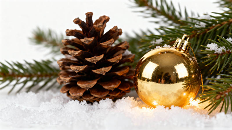 雪中松果与金球图片