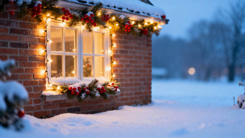 雪夜小屋灯火暖图片