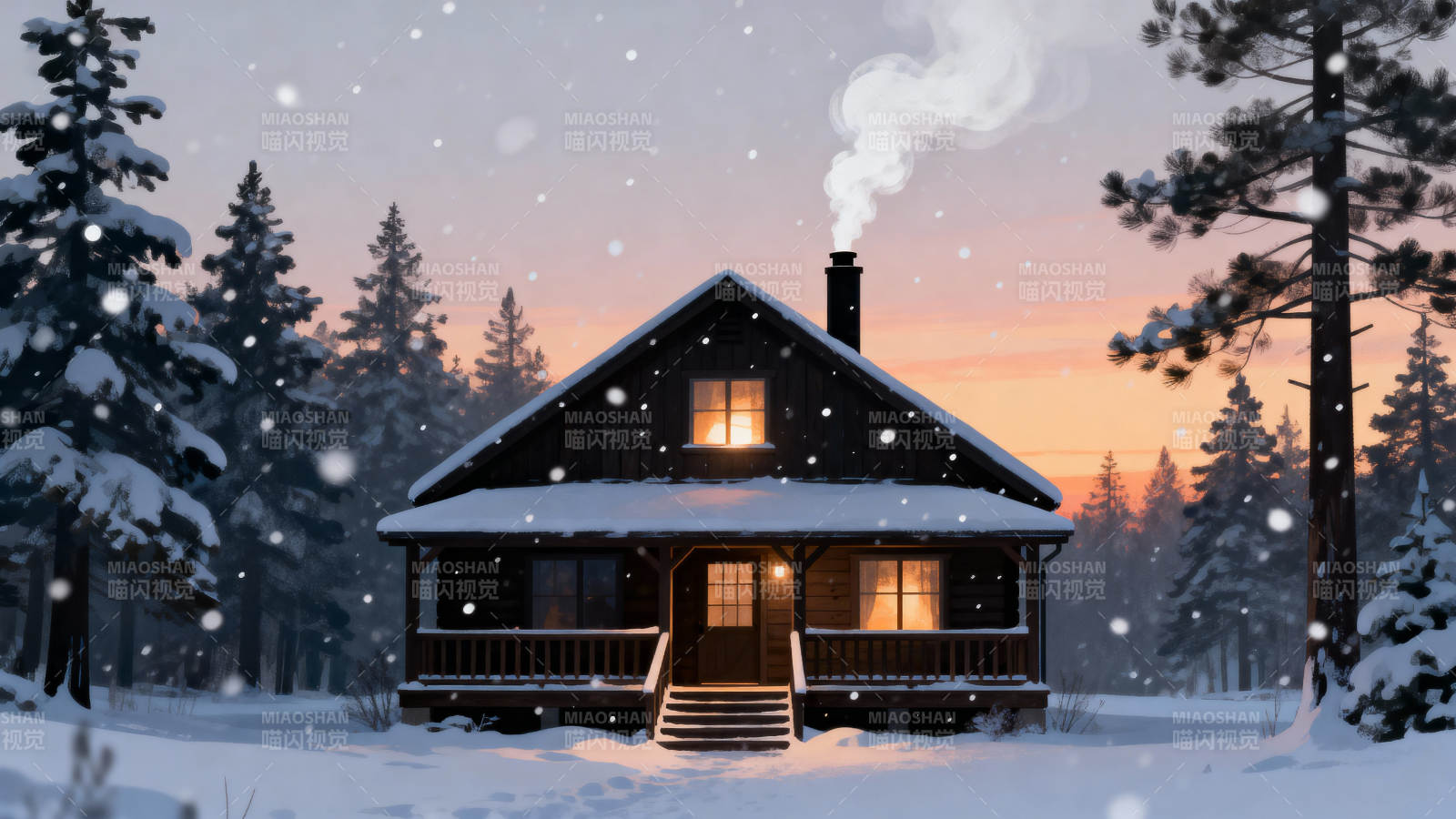 雪夜小屋暖光图片