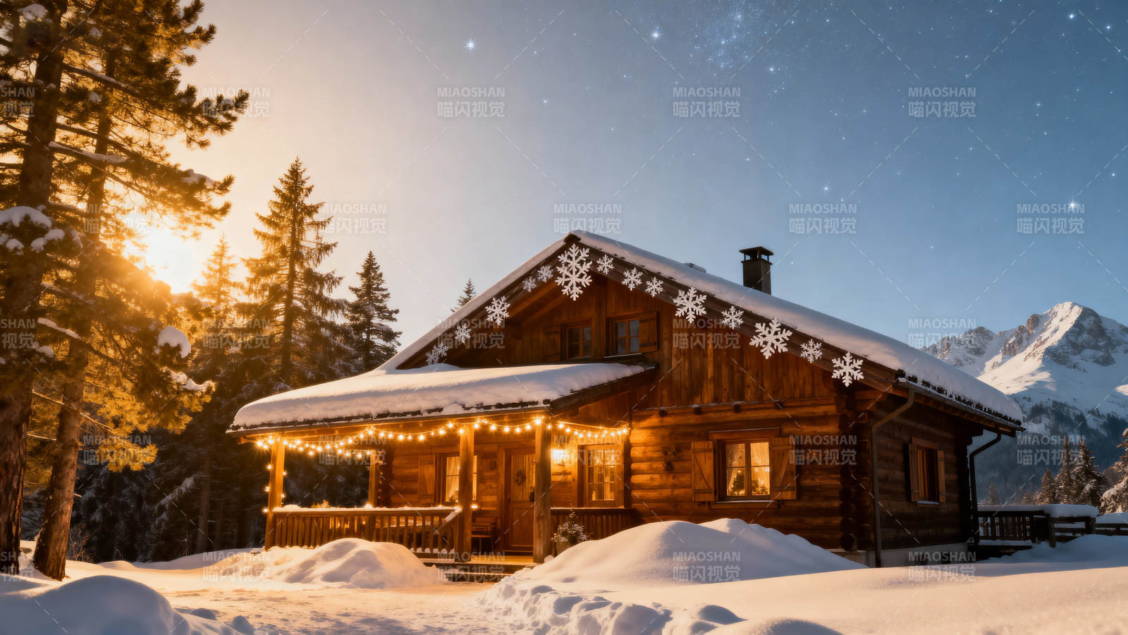 雪夜木屋灯火温馨图片