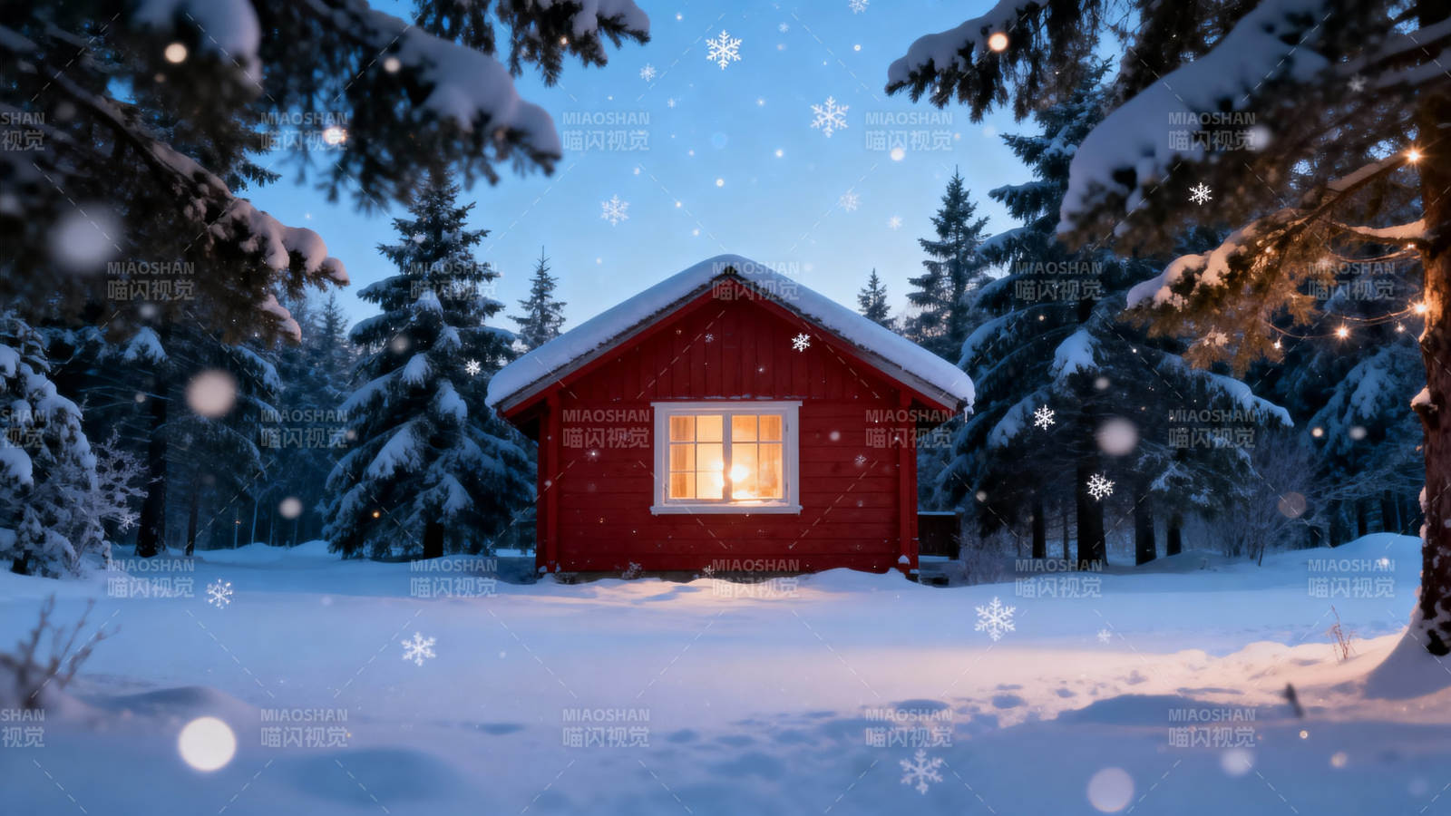雪夜小屋暖光图片