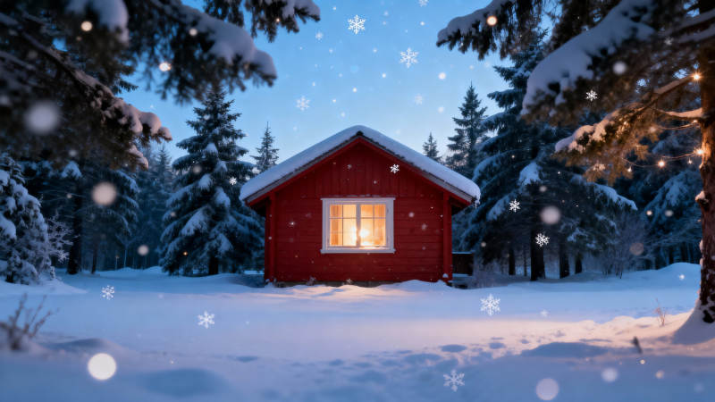雪夜小屋暖光图片