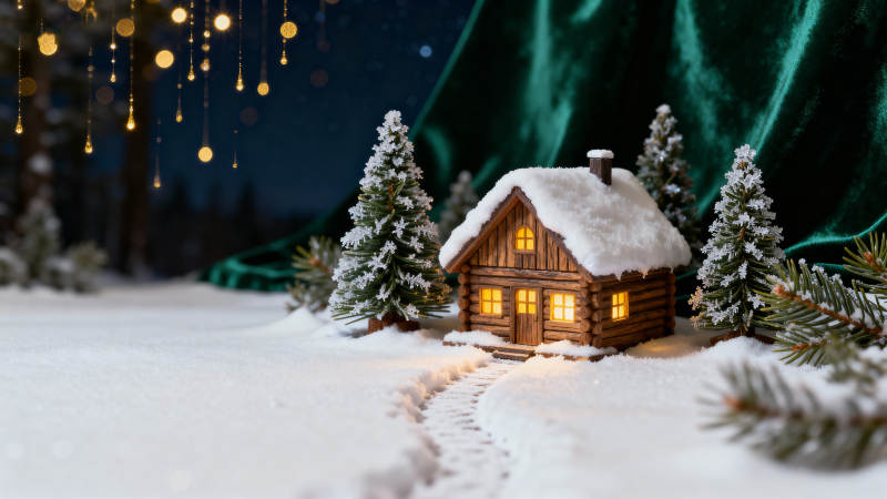 雪夜小屋灯火暖图片