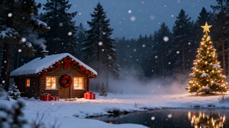 雪夜圣诞小屋图片