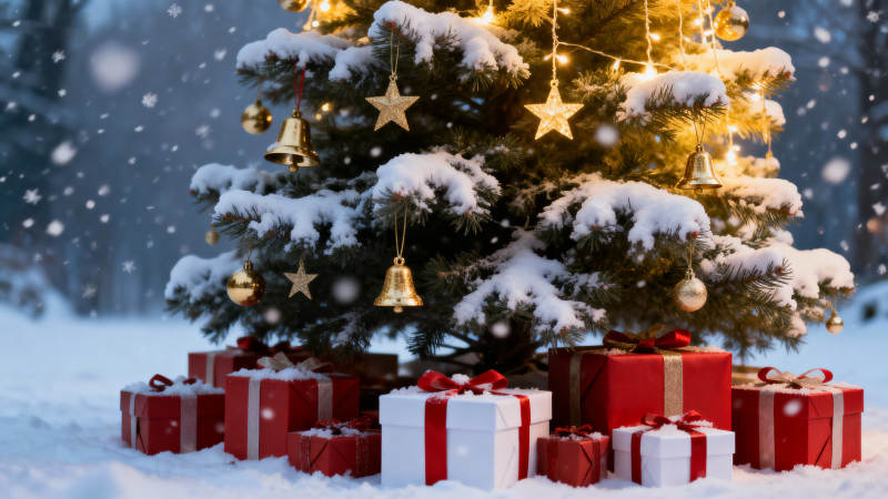 雪中圣诞树与礼物图片