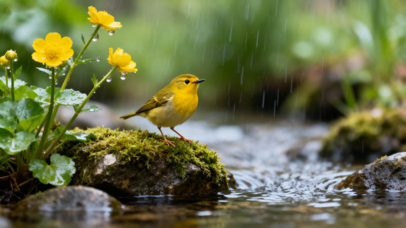 雨中黄鸟栖石畔图片