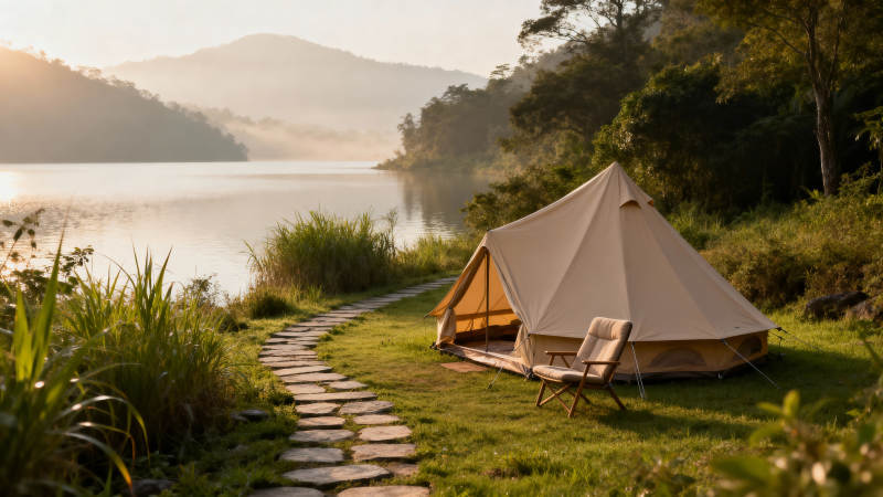 湖畔帐篷静谧晨曦图片