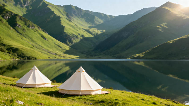 山湖畔的帐篷营地图片