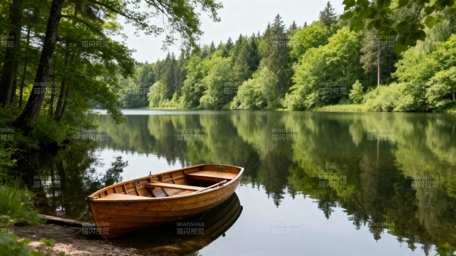 湖畔木舟静谧景图片