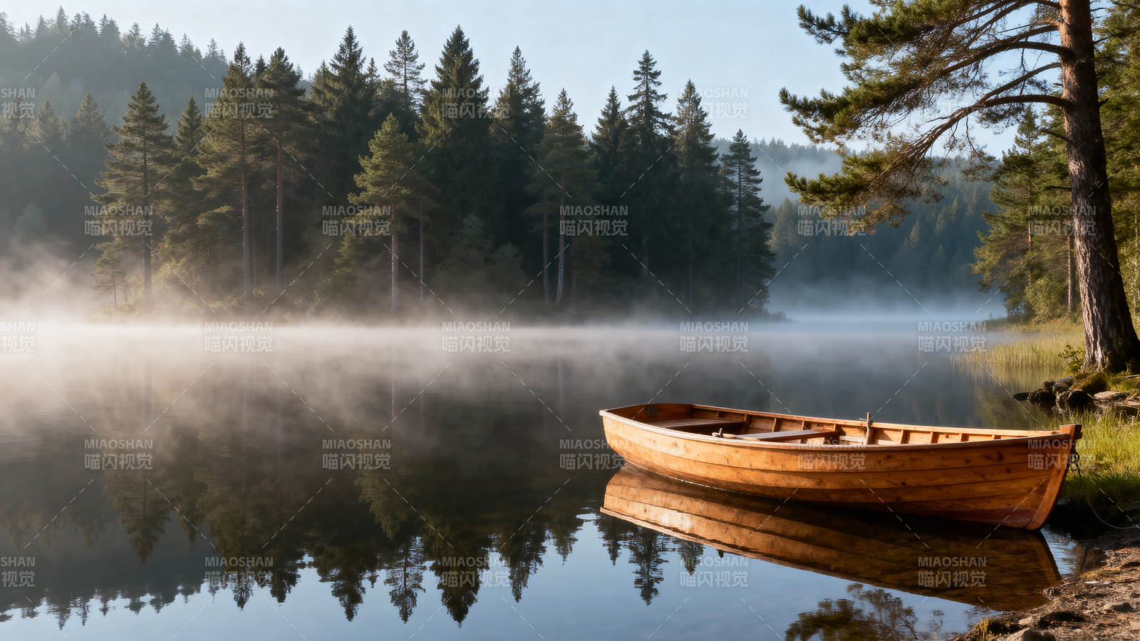 晨雾湖畔独舟静图片