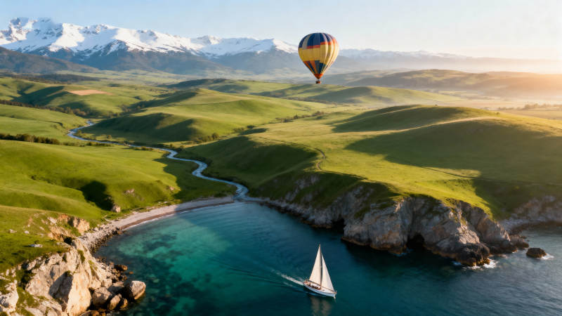 热气球飞越碧海青山图片