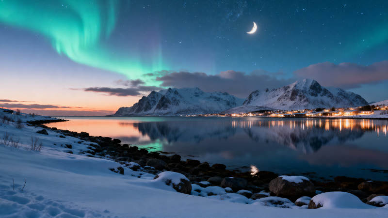 极光映雪夜图片