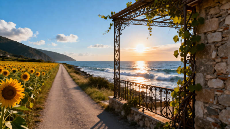 向日葵与海景日落图片