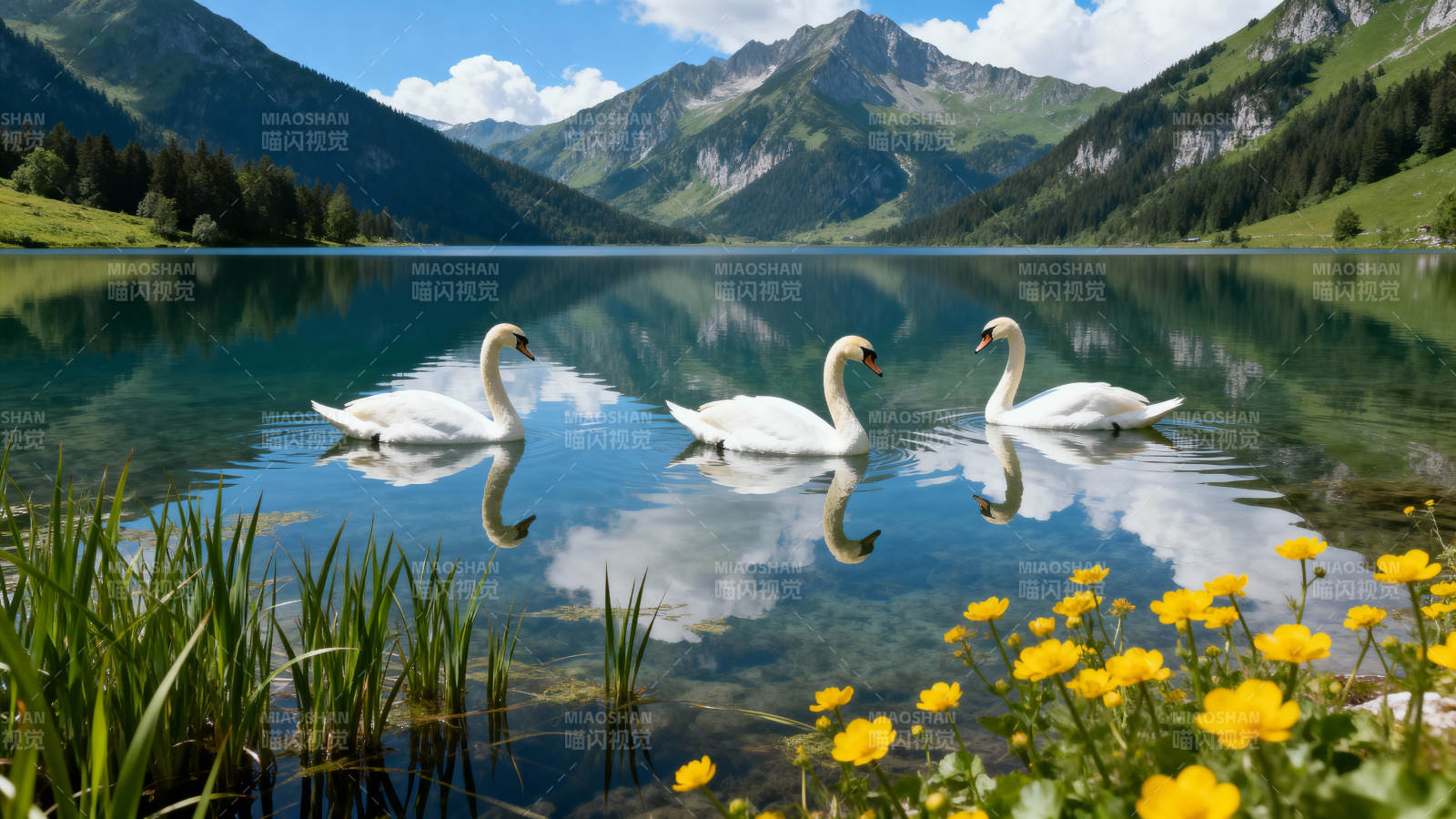 湖光山色天鹅游图片