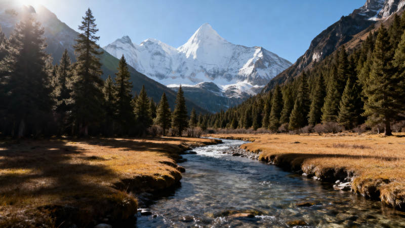 雪山溪流秋景图片