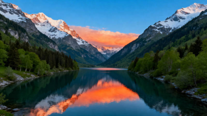 雪山湖光映晚霞图片