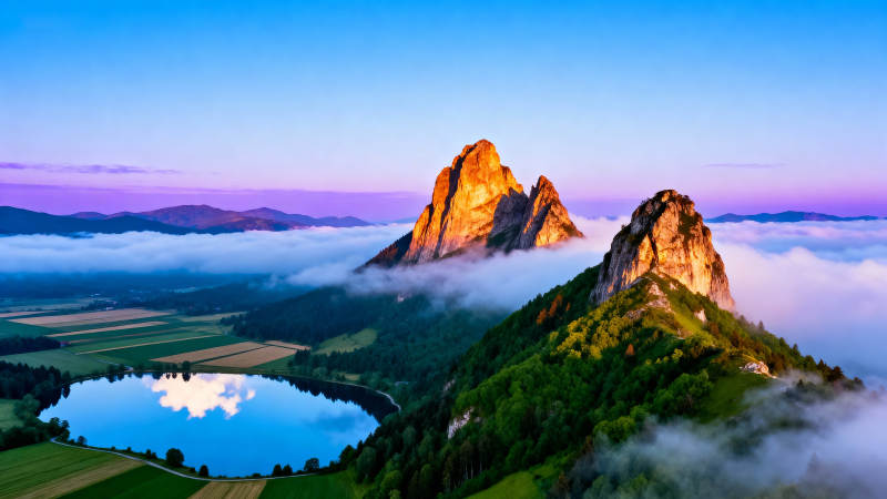 云海山湖晨曦图片