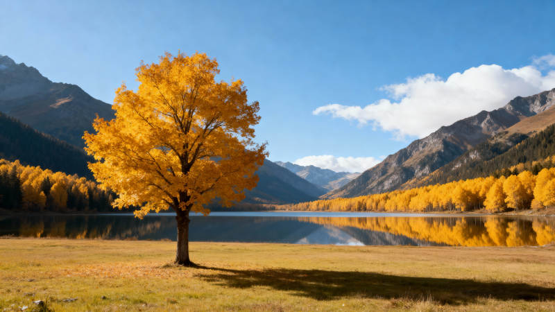 秋湖孤树映山色图片