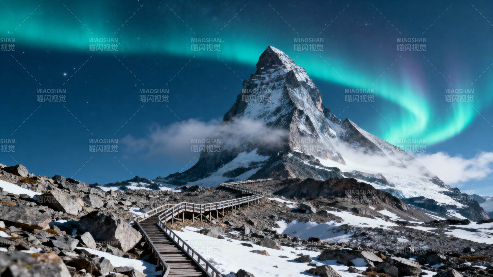 极光下的雪山奇景图片