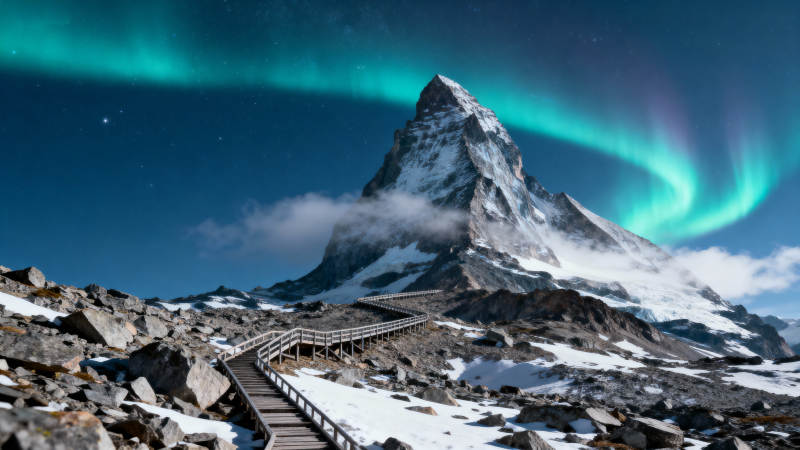 极光下的雪山奇景图片