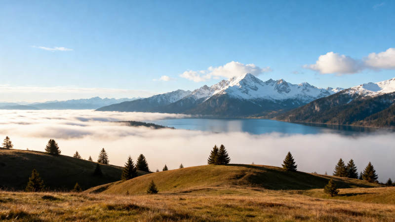 雪山湖景云海图片