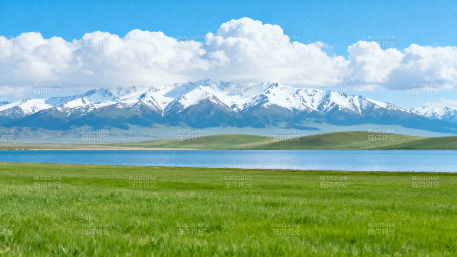 雪山湖畔绿野图片