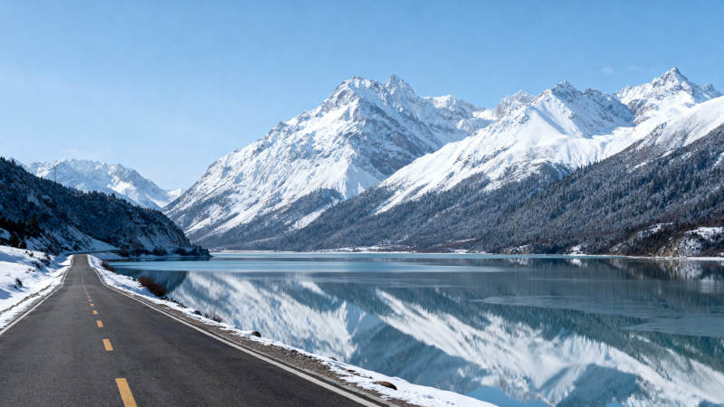 雪山湖畔公路图片