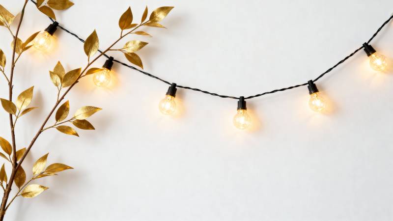 暖光灯串与金叶装饰图片