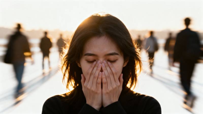 夕阳下掩面女子图片