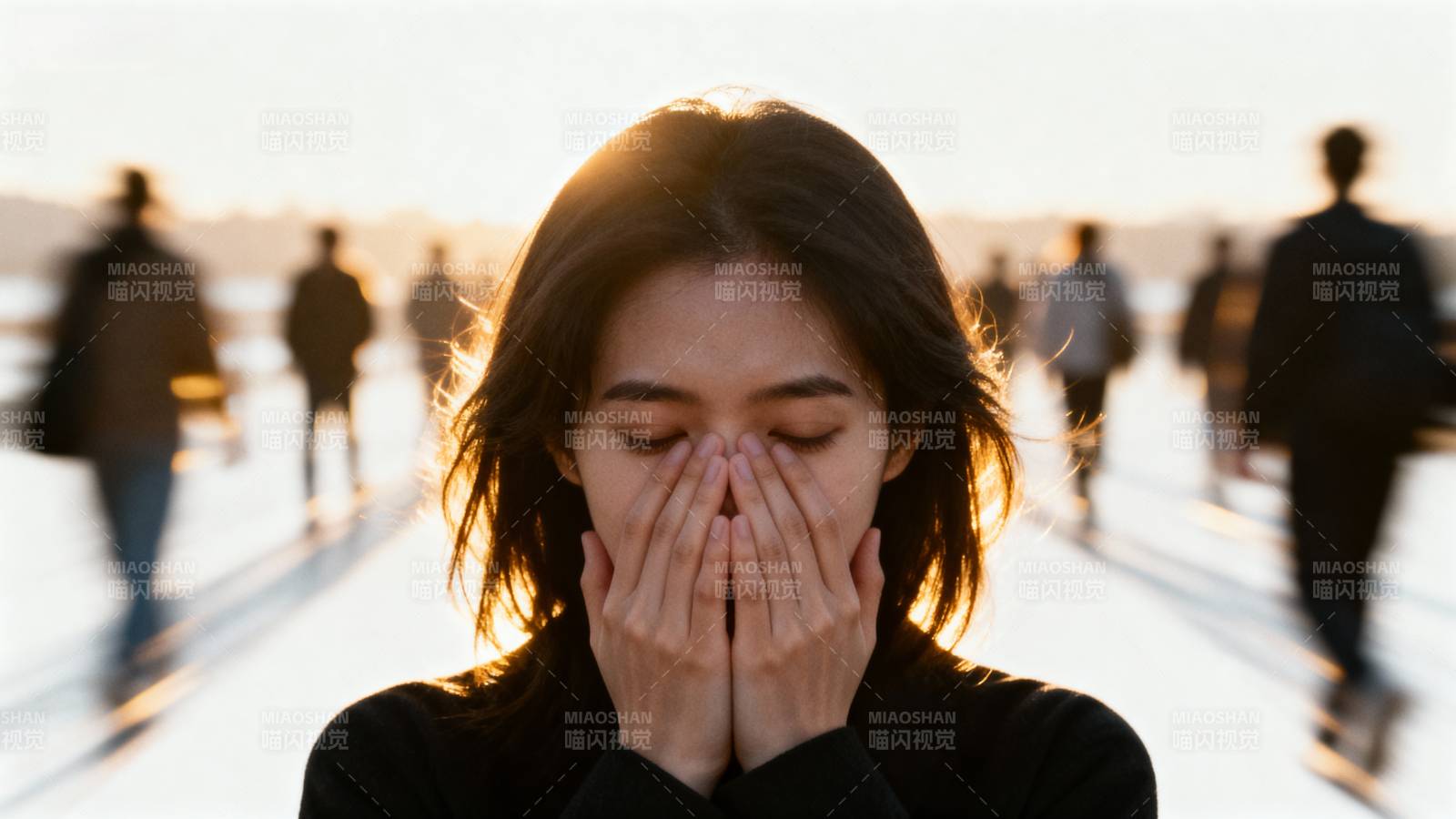夕阳下掩面女子图片