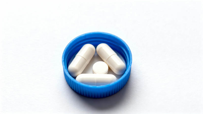 药丸在蓝色瓶盖中图片