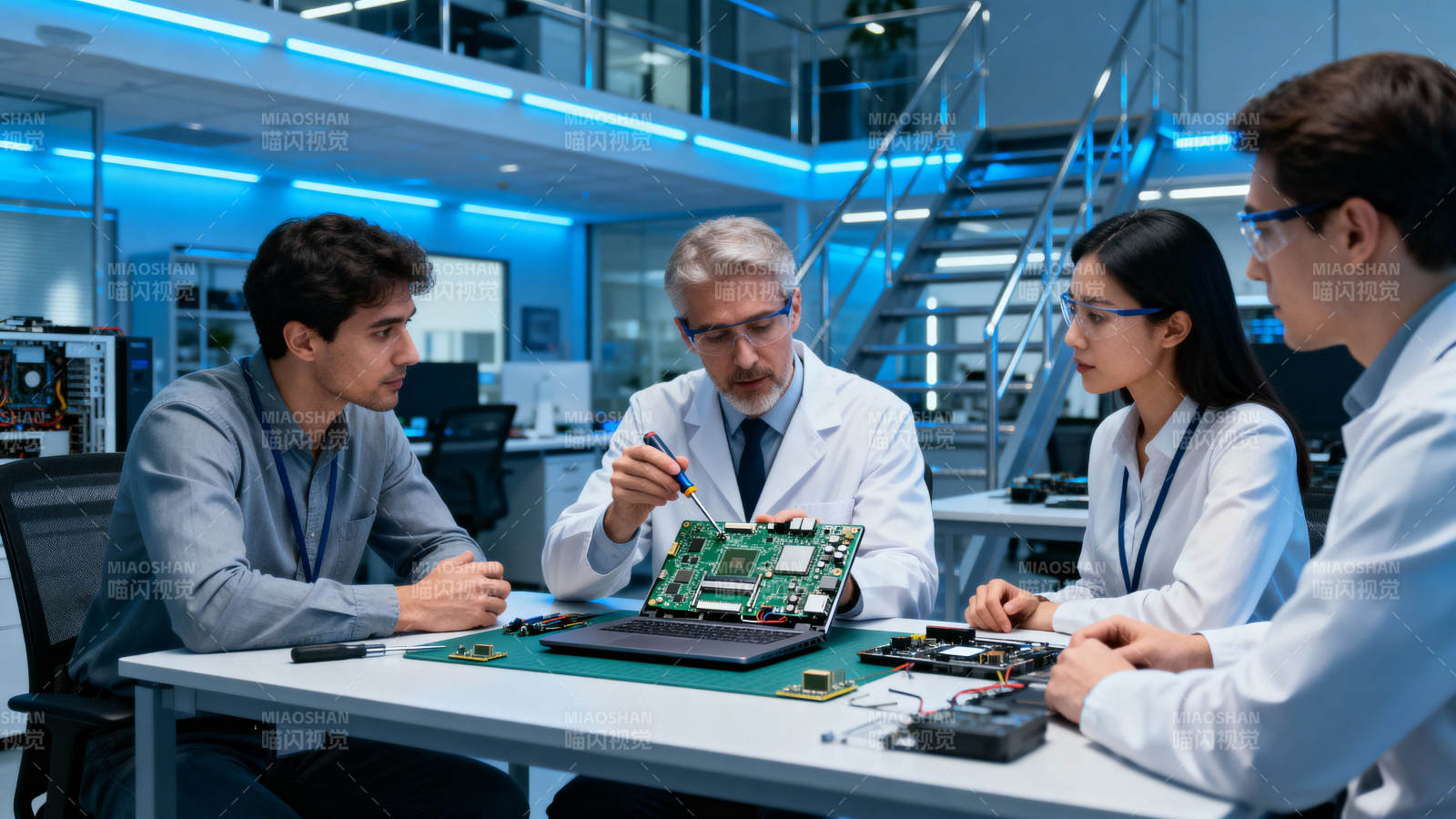 科研团队研讨电路板图片