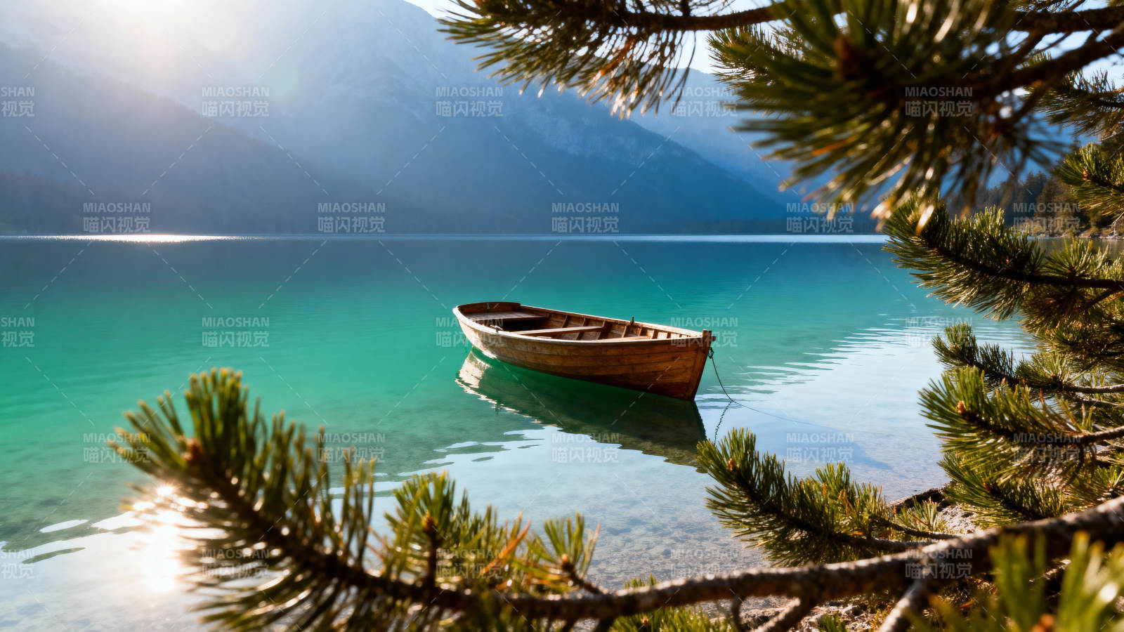 湖畔孤舟静谧景图片