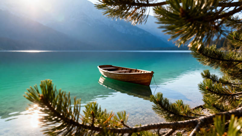 湖畔孤舟静谧景图片