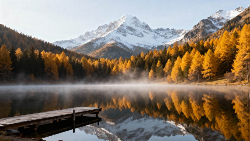 秋湖映雪山图片