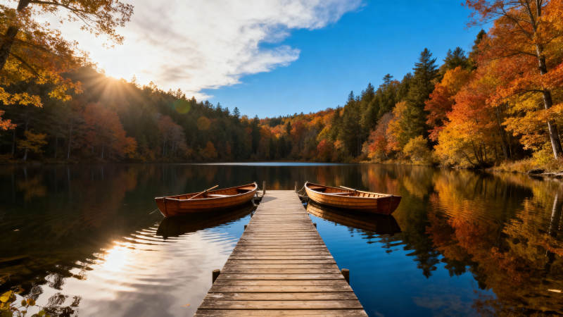 秋湖静泊 舟影如画图片