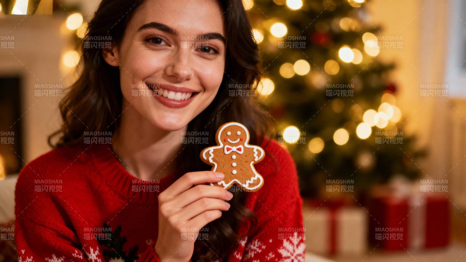 圣诞女孩笑持姜饼人图片