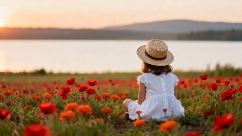 湖畔花海中的小女孩图片