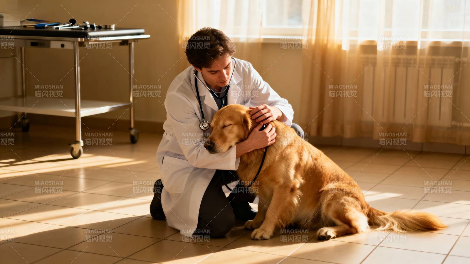 兽医安抚金毛犬图片