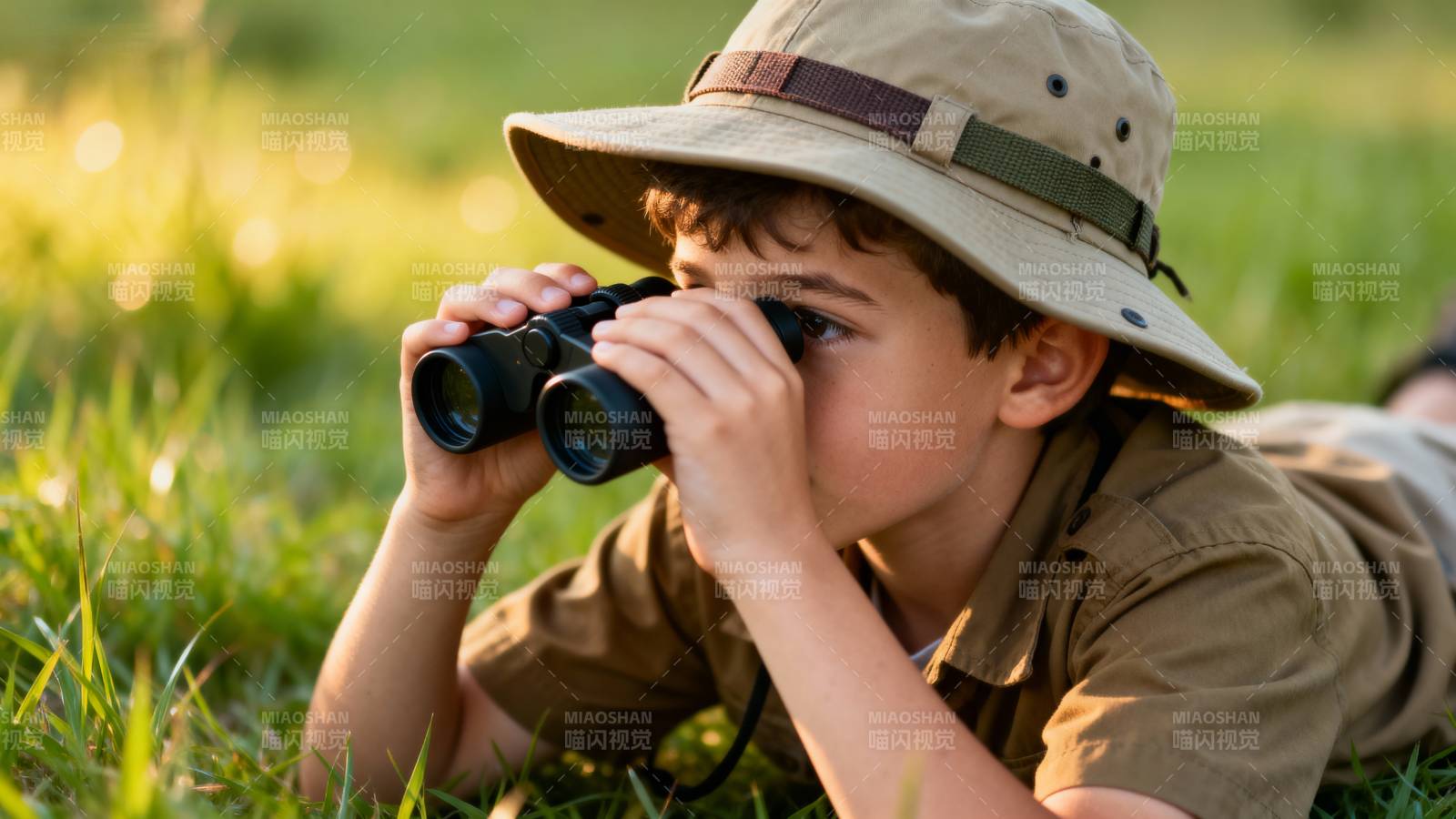 男孩草地观鸟图片