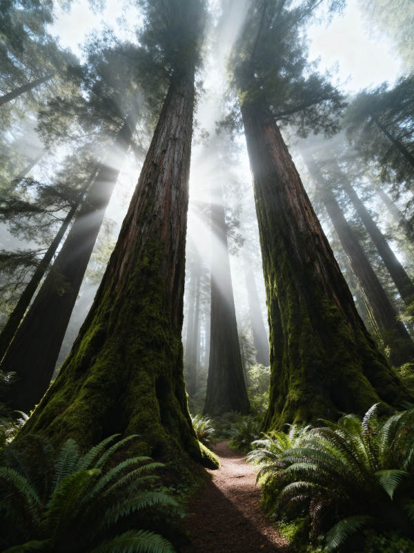 阳光穿透巨树森林图片