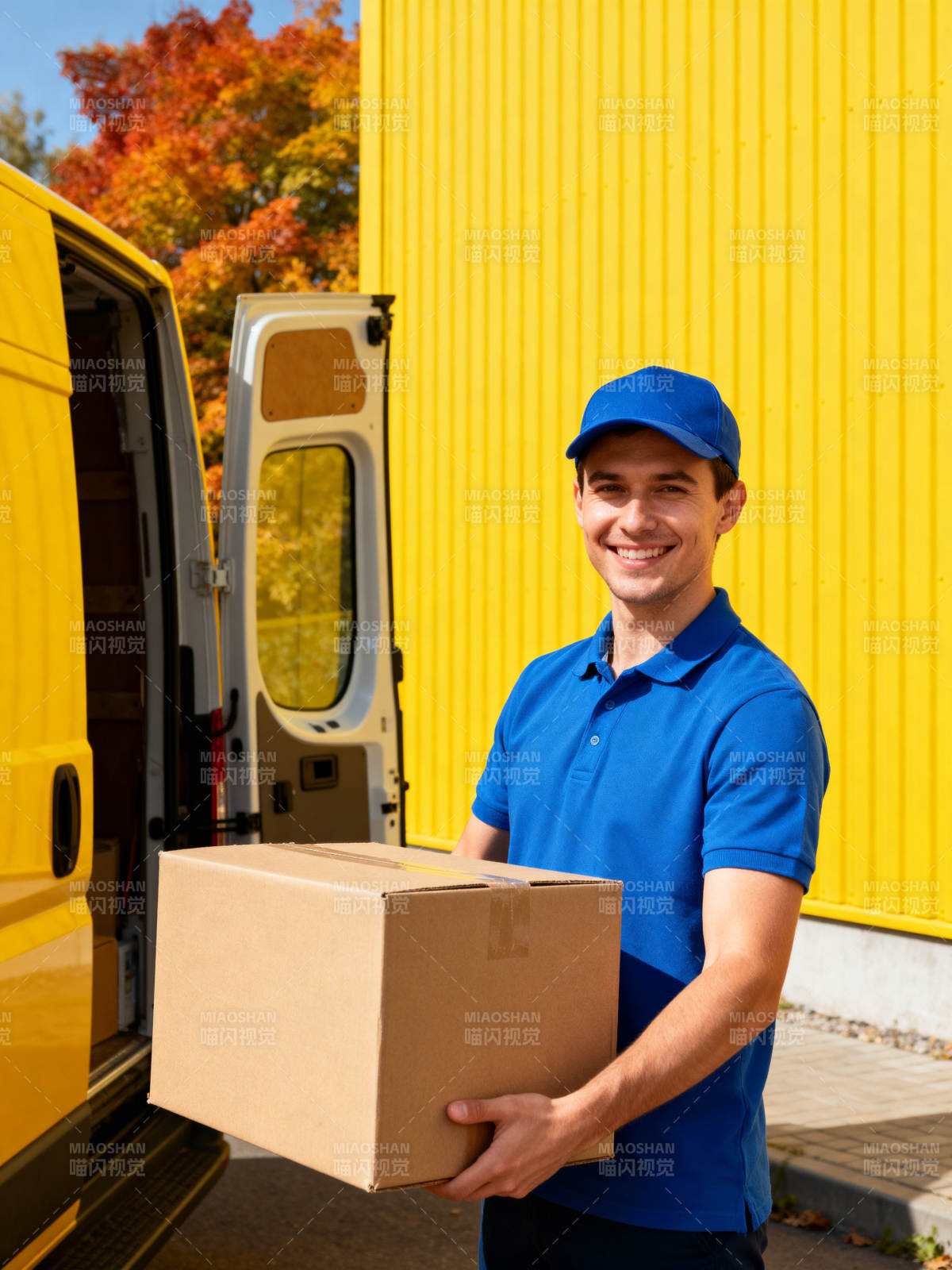 快递员微笑送包裹图片