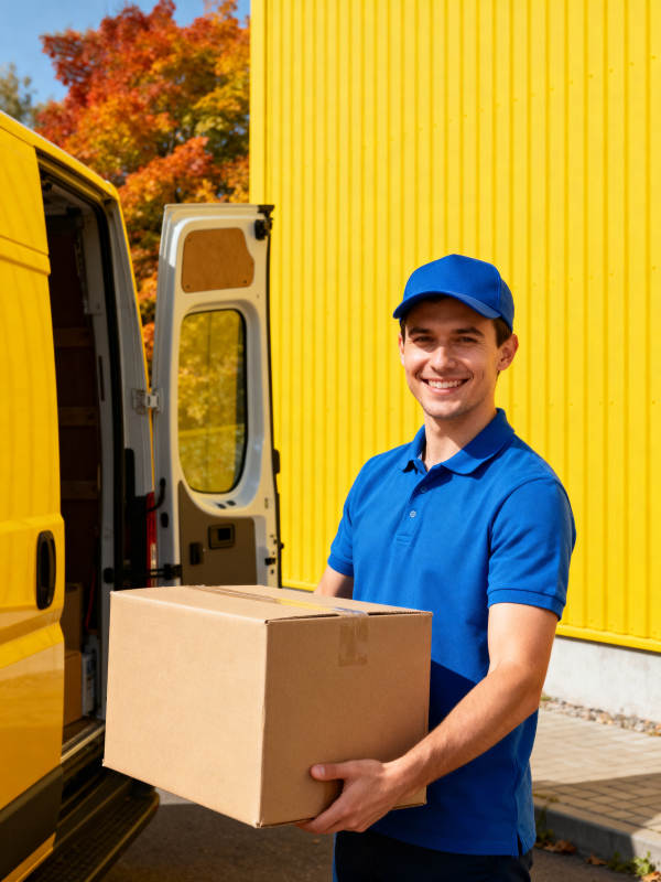 快递员微笑送包裹图片